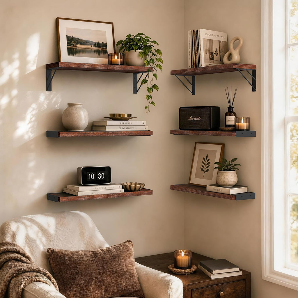 Wall Mounted Floating Shelves (Rustic Brown, Set of 6, 16" Uniform)