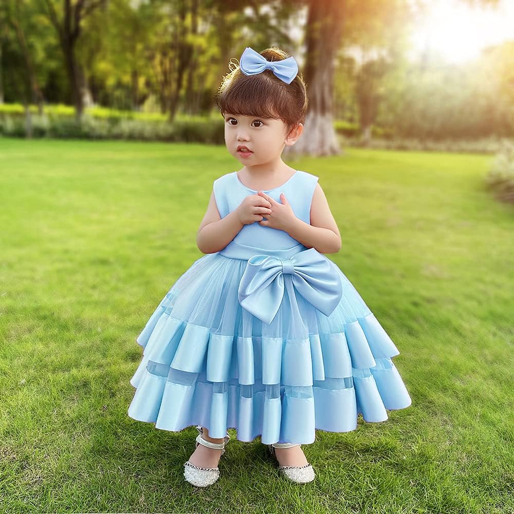 Baby Girls V Backless Flower Dress Pageant Party Wedding Gown Dresses with Hair Bow