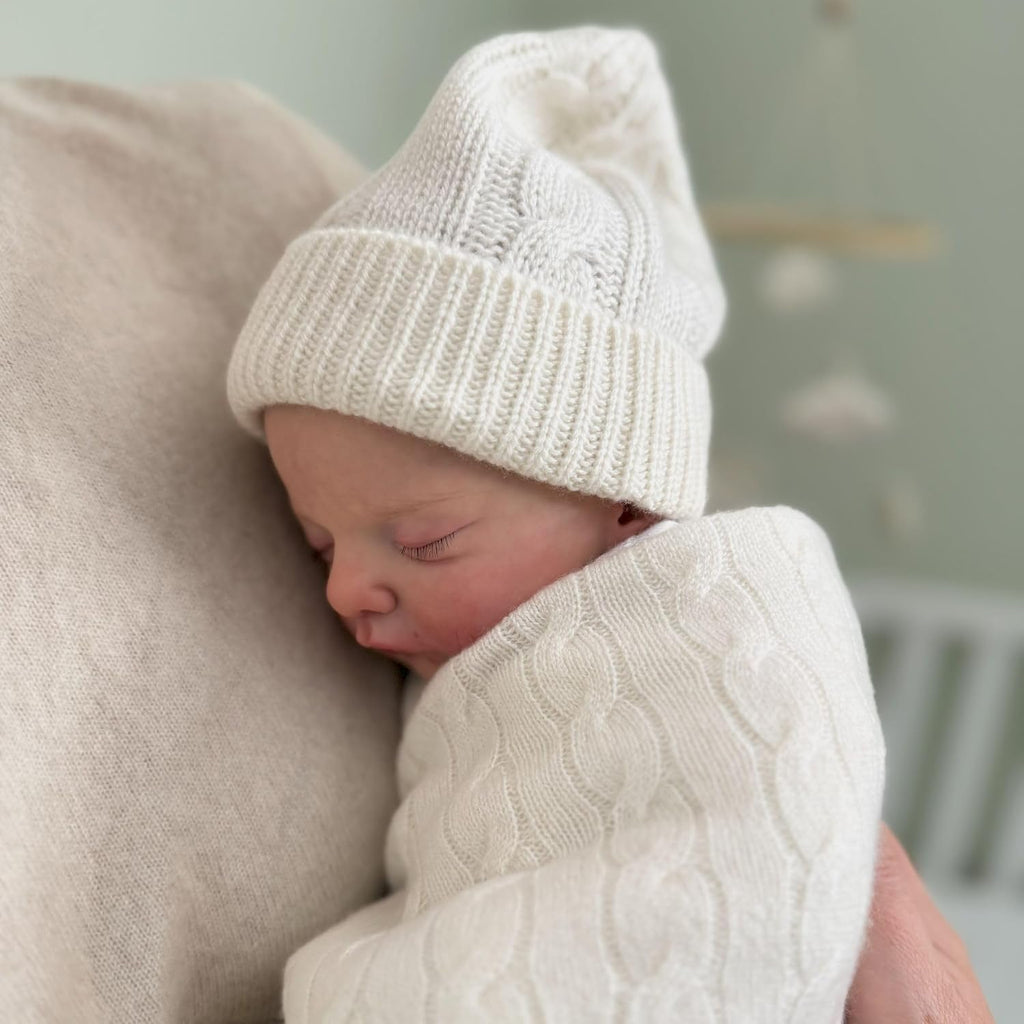100% Cashmere Baby Blanket Gift Set Cable Knit 0-6 Months Cream