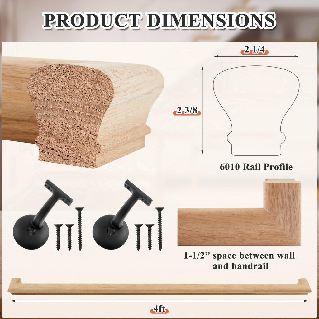 6010 Red Oak Handrail Kit 4 ft with Wall Returns and Wall Mount Brackets Indoor Wood Stairs Handrails Included Screws