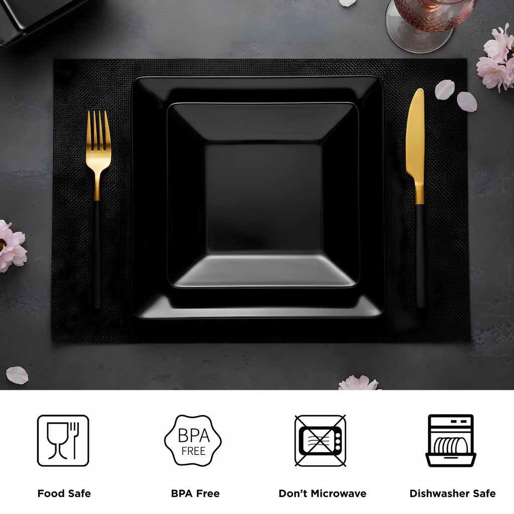 TP 12-Piece Melamine Dinnerware Sets, Square, Service for 4, Black