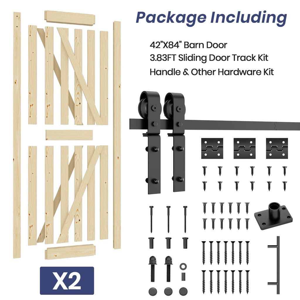 42in x 84in Bifold Barn Door with Hardware Kit, Unfinished Solid Pine Wood Folding Closet Door or Wardrobe, Assembly