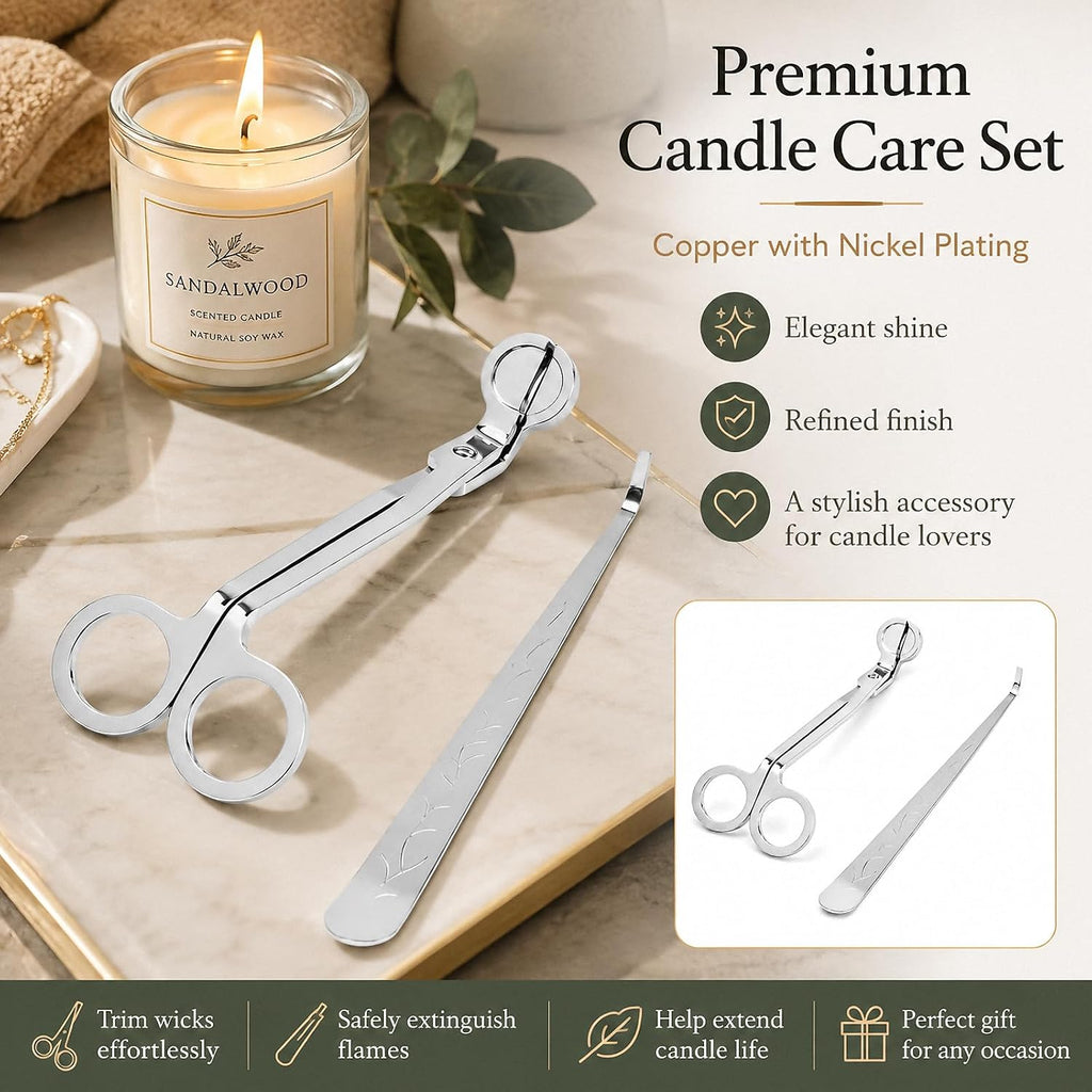 Candle Wick Trimmer and Snuffer 2-Piece Set, nickel-plated copper, Wick Cutter Scissors with Candle Extinguisher Hook - Set of 2