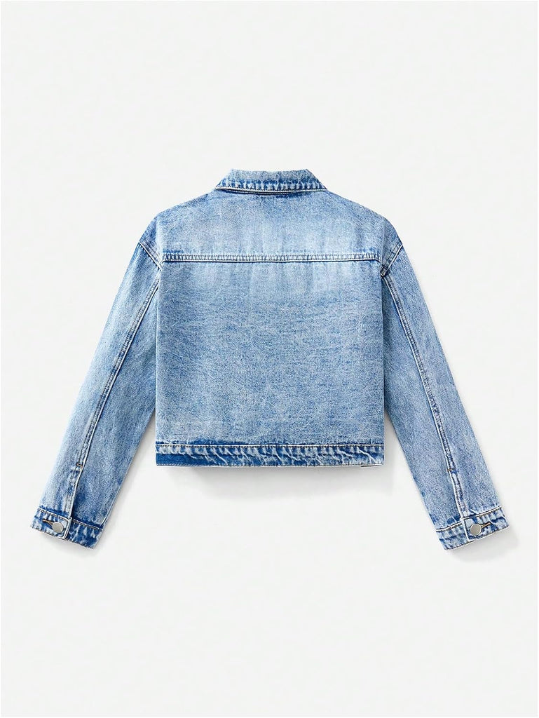 Girl's Denim Jacket Button Down Long Sleeve Jean Outerwear Coat Streetwear