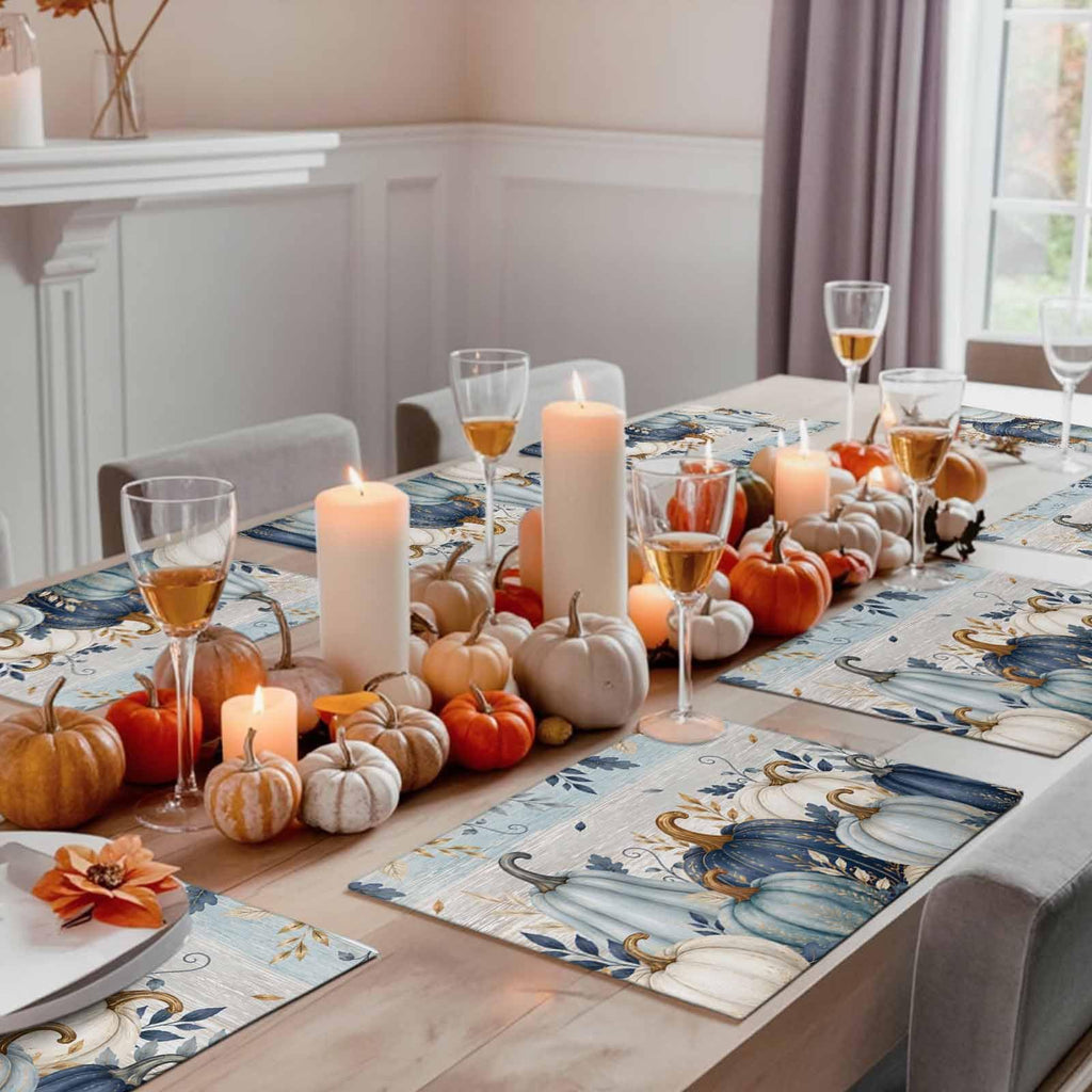 Fall Thanksgiving Placemats, Teal Blue White Pumpkin Heat Resistant Washable Dining Table Mats Fall Holiday Farmhouse