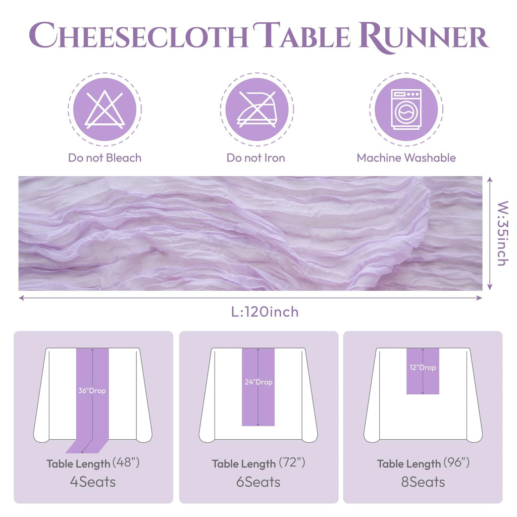 5 Pack Lilac Purple Lavender Cheesecloth Table Runner 120'' x 35'', Spring Easter Decor Soft Gauze Boho Wedding Table