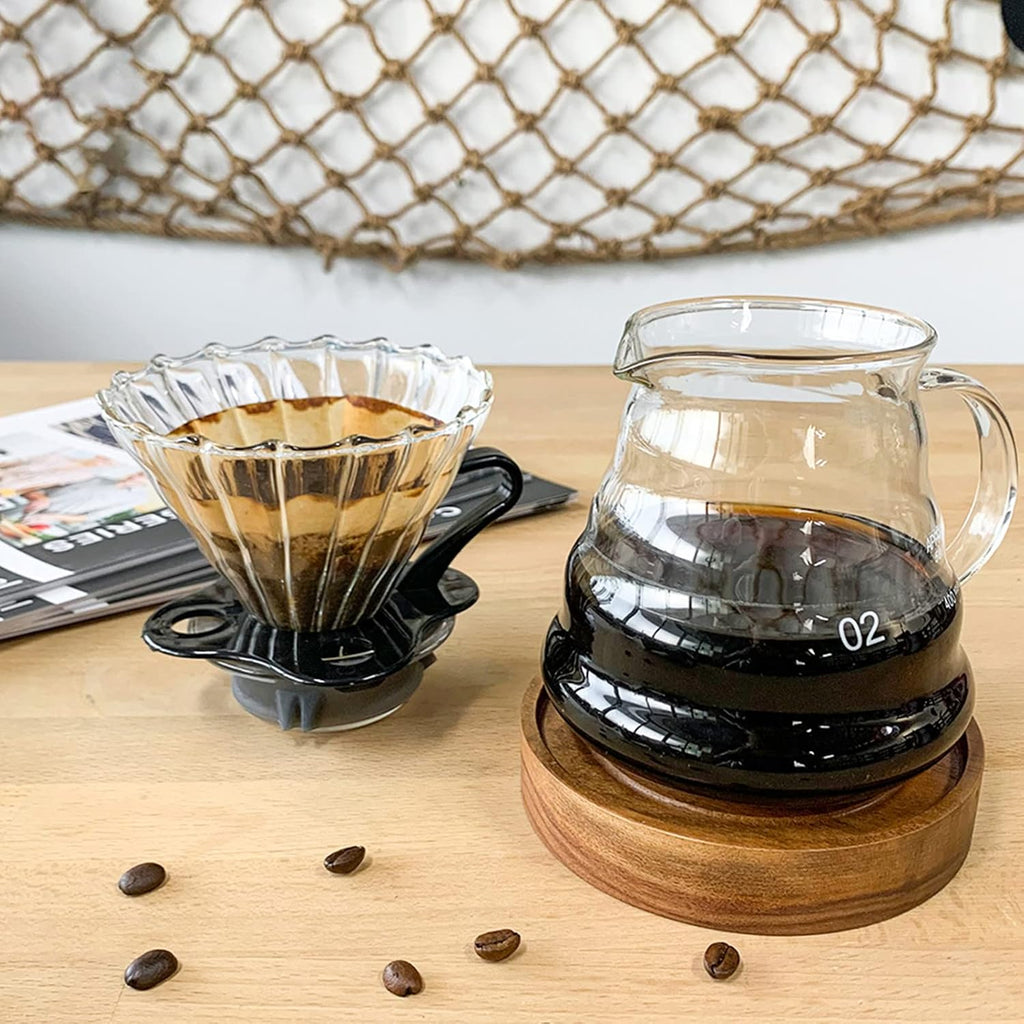 Pour Over Coffee Maker Set, Manual Coffee Kit with 600ml Gooseneck Kettle, Filter Holder, Glass Server & Paper
