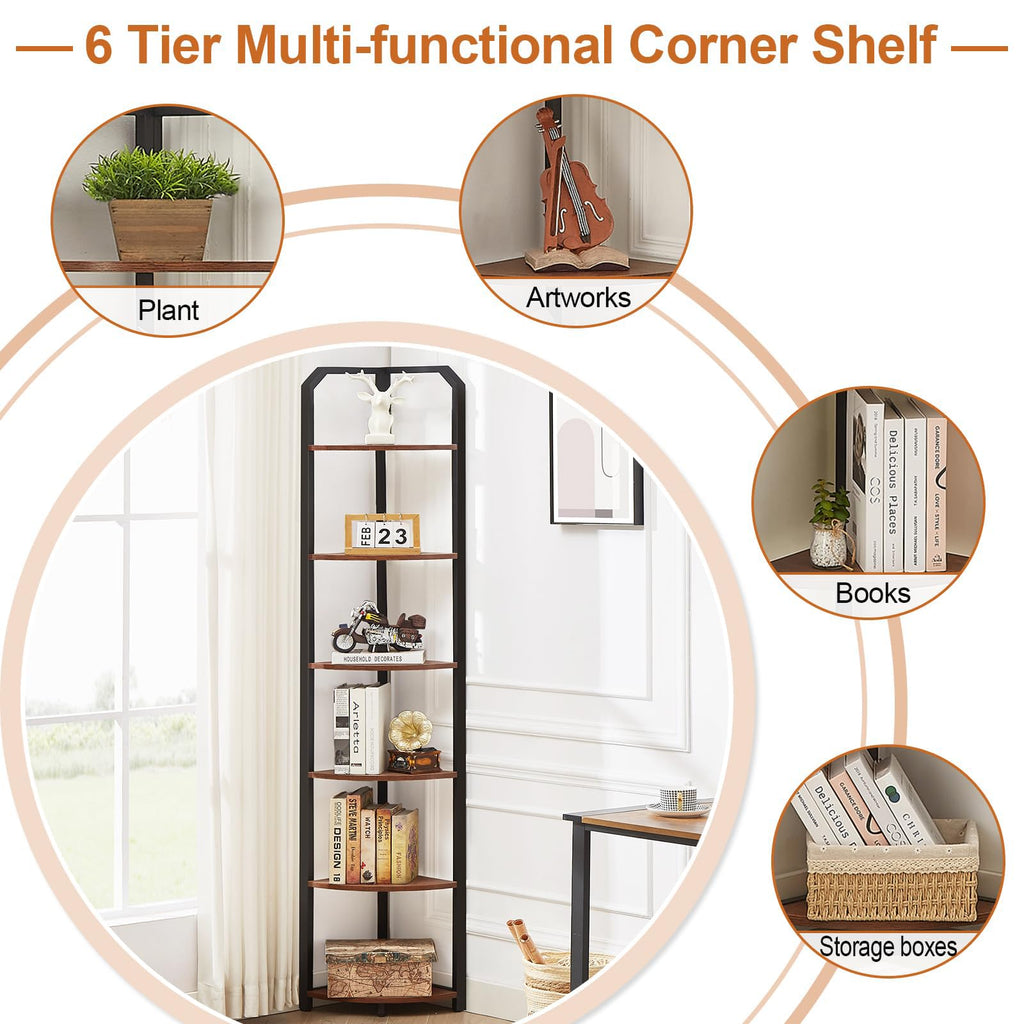 6‐Tier Corner Shelf, 71" Tall Narrow Corner Bookshelf, Brown