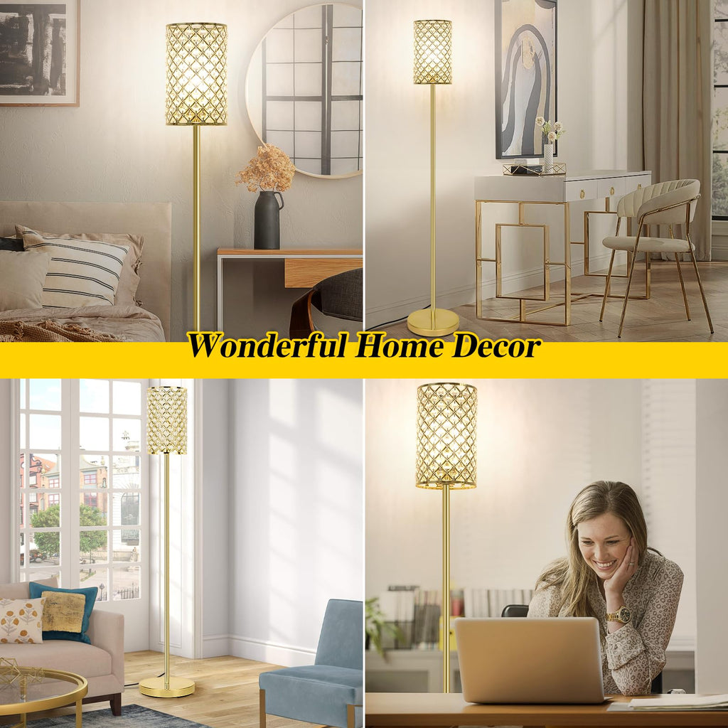 Gold Floor Lamp, Crystal Tall Pole Lamp with On/Off Foot Switch
