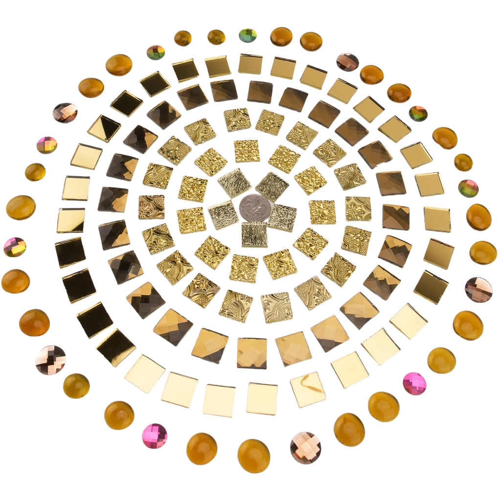 1000g 20MM Golden Mirror Glass Tiles for DIY Mosaic, Assorted Textured Square Tiles and Faceted Glass Gems in