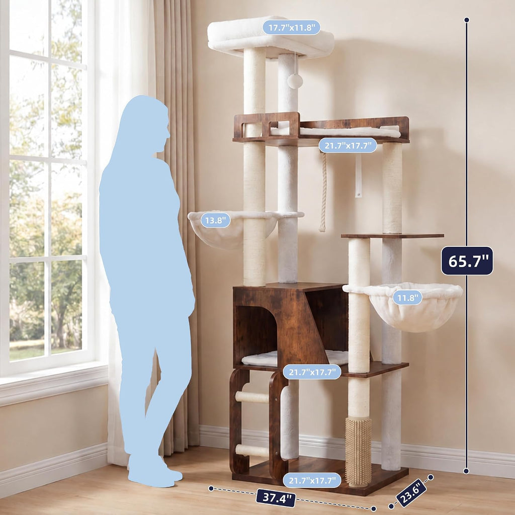 Wooden Cat Tree Tower with Large Condos, 2 Platforms