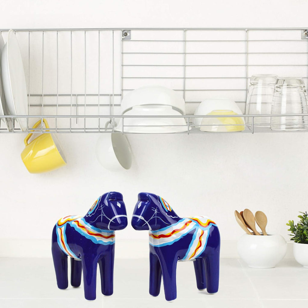 ScandinavianGiftOutlet - Salt and Pepper Shakers - 3.25" Ceramic Dala Horse - Blue Swedish Theme - Kitchen - Set of 2