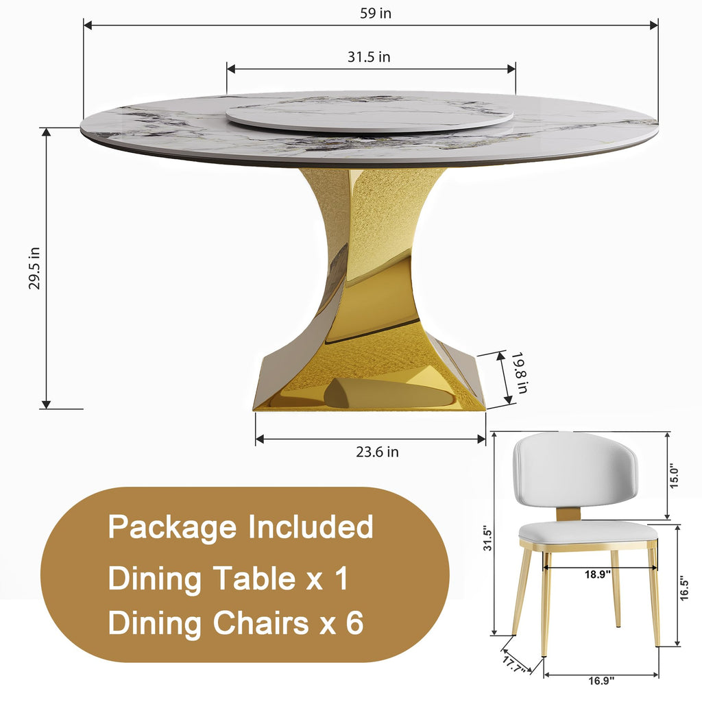 7-Piece Round Dining Table Set, Sintered Stone Faux Marble Dining Table with Lazy Susan& Stainless Steel Gold Base, 6