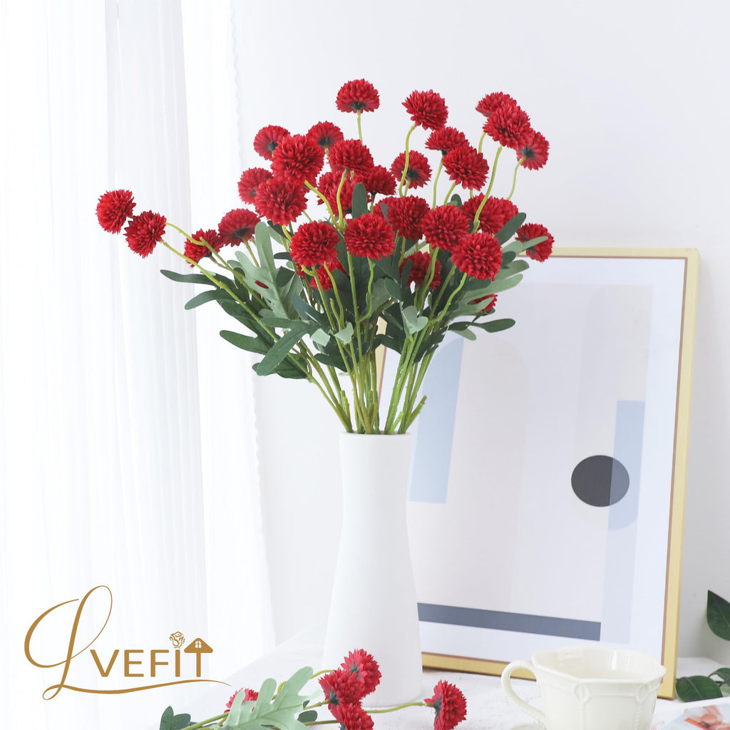 10 Pcs Red Kiku Flower Fake Mums Long Stem Flowers, Faux Kiku Flower Bulk, Silk Flowers Mini Chrysanthemum Floral