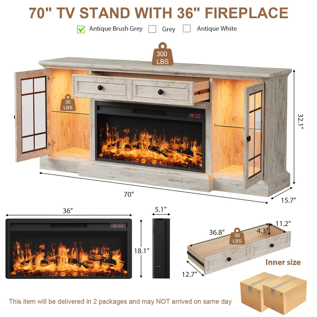 Fireplace TV Stand Up to 80" TVs, 70'' Modern Entertainment Center with 36" Electric Fireplace & LED Lights