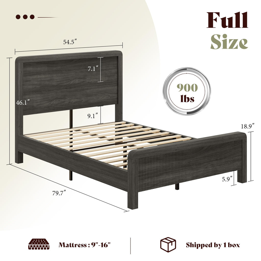 Full Wood Bed Frame with Fluted Headboard & Footboard, Black