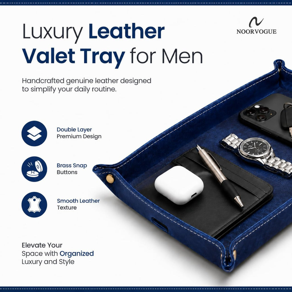 Leather Valet Tray for Men - Double Layer Genuine Leather Catchall EDC Tray for Keys, Wallet, Phone & Watch - Mens