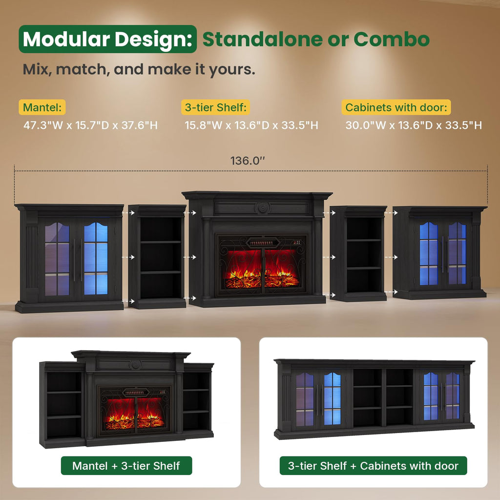 136" Fireplace TV Stand with Metal Screen, 5-in-1 Modular Design, Black