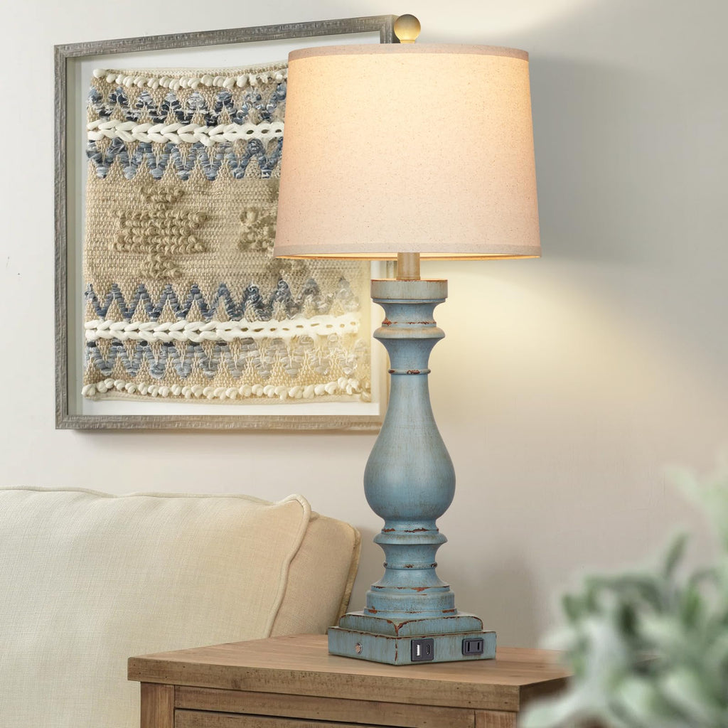 29" Tall Coastal Lamp, Retro-Blue Vintage Bedside Nightstand Lamps with USB Charging Ports A/C, 3-Way Dimmable Touch