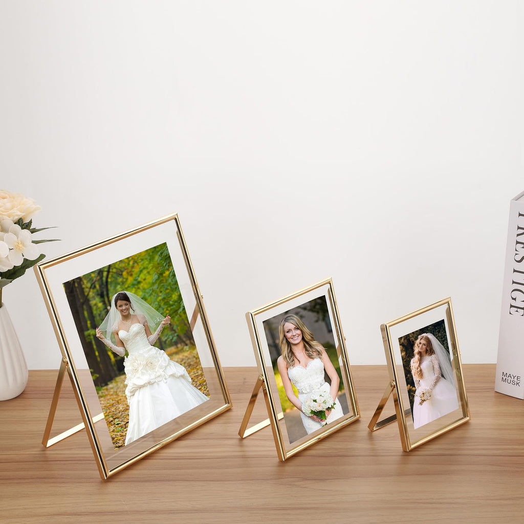 Gold 8x10 Floating Frame 2 Pack, For Photo Sizes(4x6'', 5x7'', 6x8'') Adjustable Tabletop/Shelf Floating Picture Frame