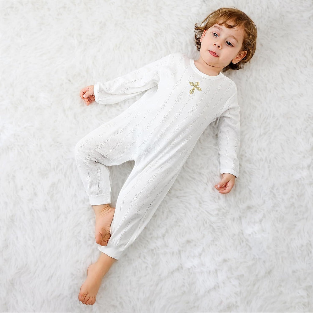 Baby Boy Baptism Outfit, 100% Cotton Christening Romper with Cross Embroidery, White Infant Onesie