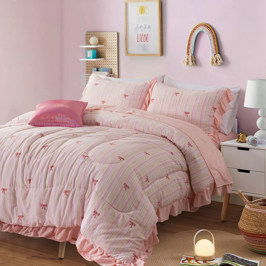 A Nice Night Rainbow Stripes & Bows Bedding Set,Ruffle 6 Piece Bed in a Bag Matching Sheet Set,Princess Style Chic Bow