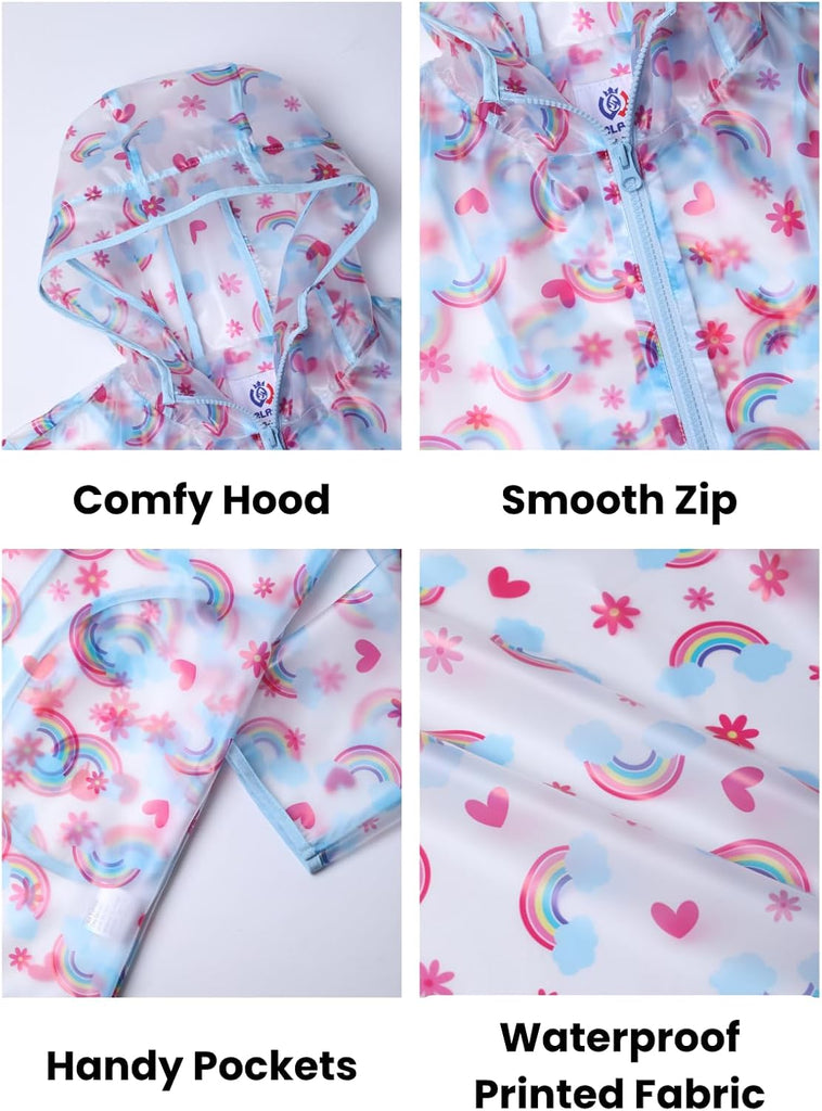 Girls Hooded Printed Rain Jacket Lightweight Water Resistant Raincoat with Zipper