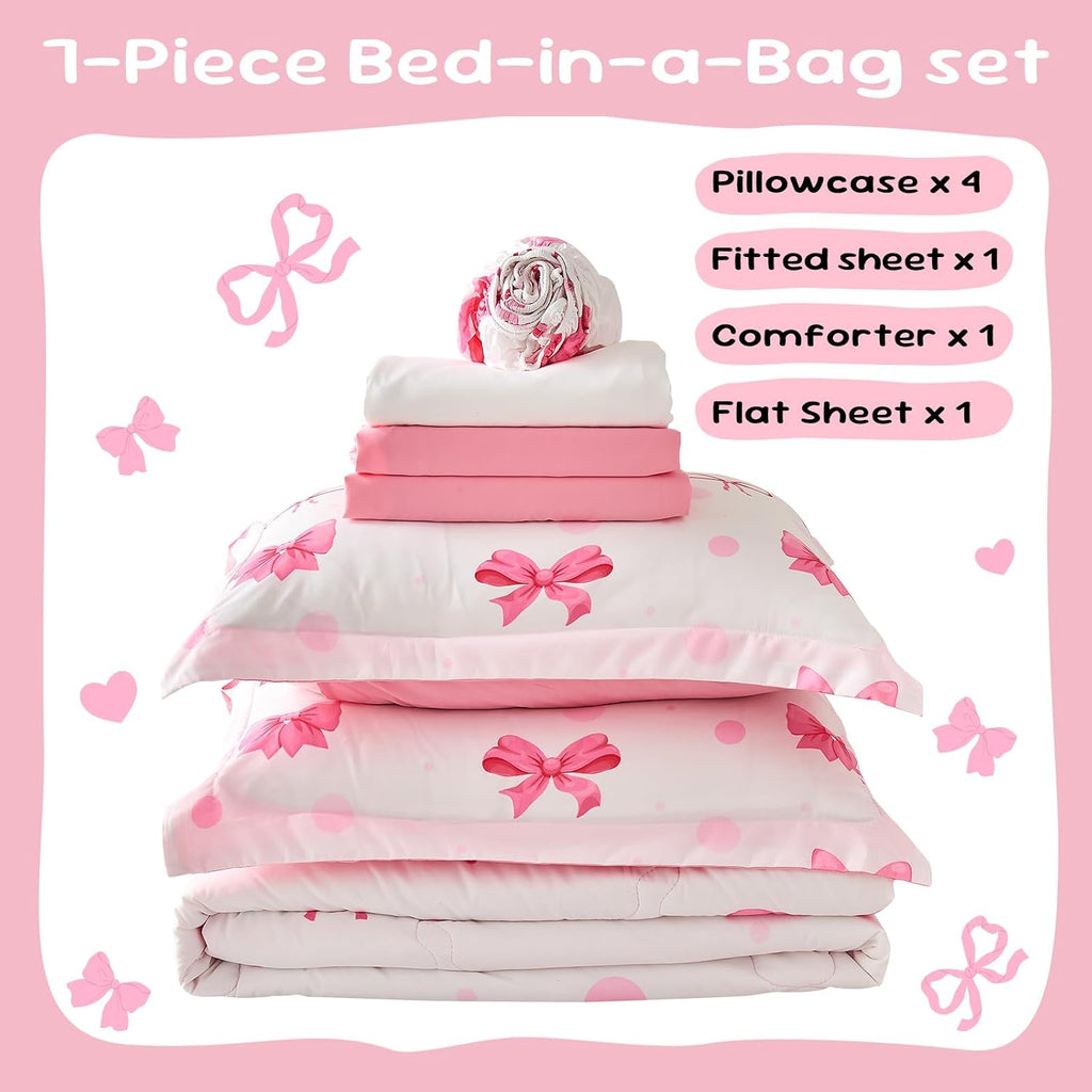 7 Piece Pink Bow Bedding Set for Girls Kids Twin Comforter Set with Sheet and 2 Pillowcases 2 Pillow Shams Cute Girls