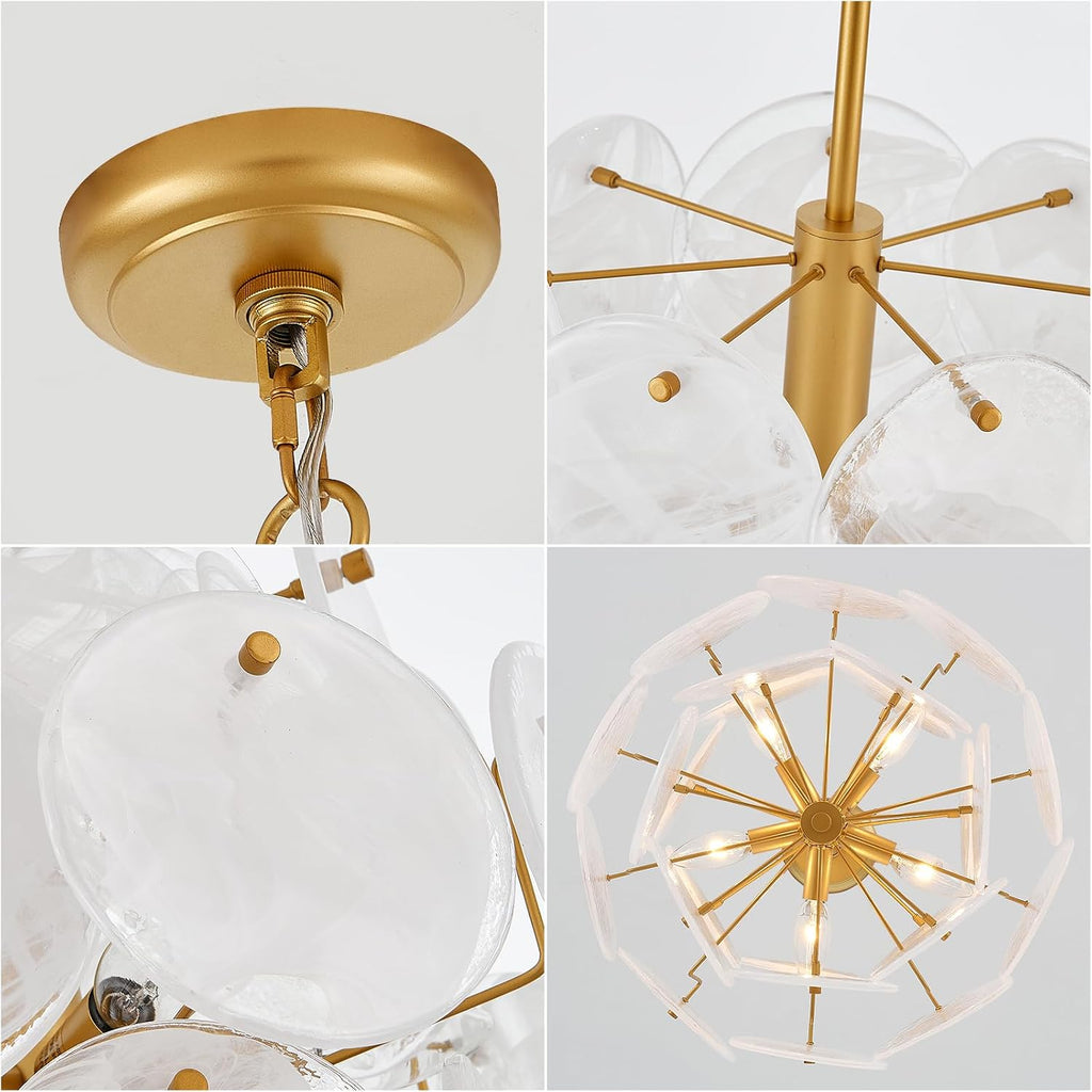 Dia 15.75 Inches Modern Glass Chandelier for Foyer, Gold Dining Room Light Fixture, Large Vintage Pendant Chandelier