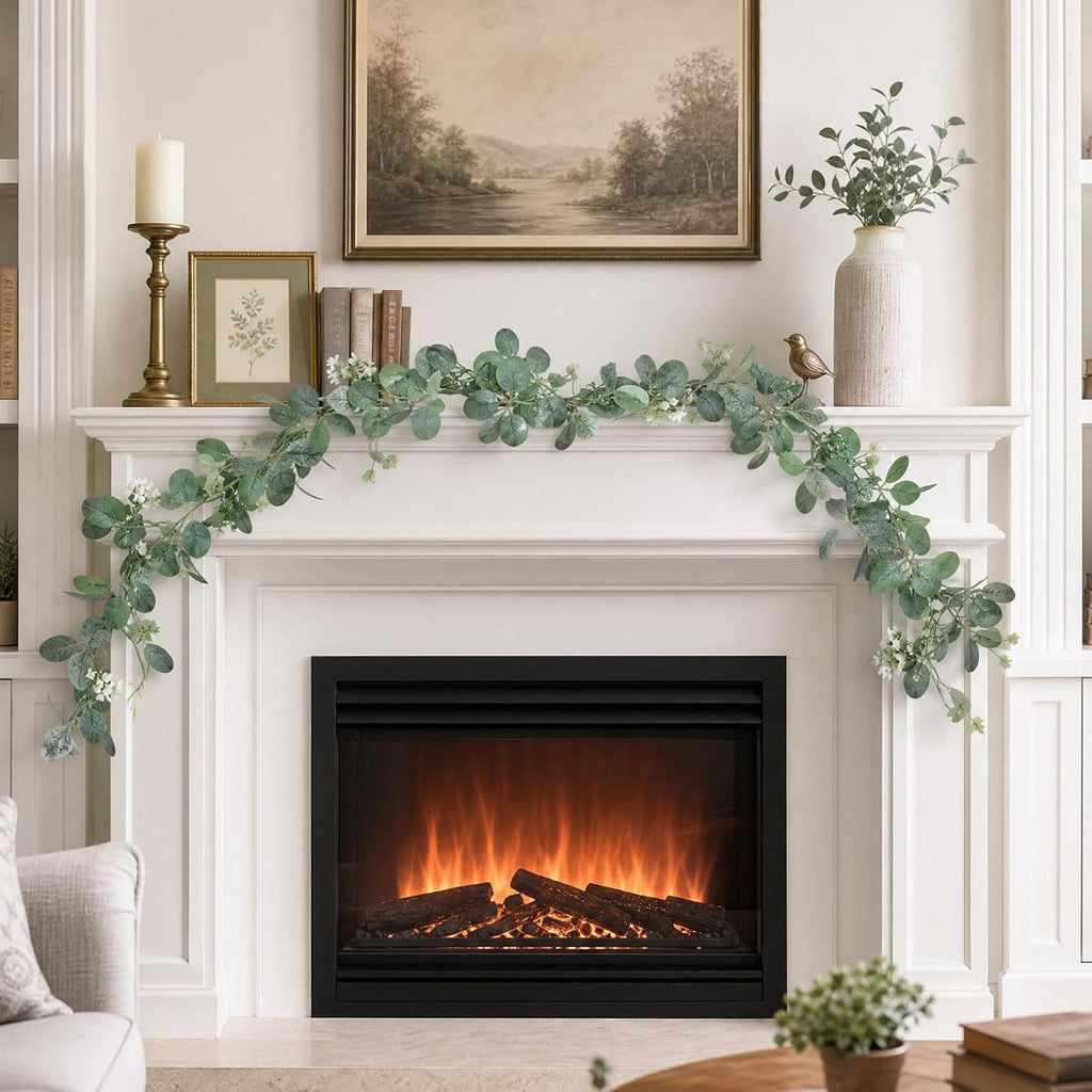 Artificial Eucalyptus Garlands - 6ft Greenery Vines with Faux Eucalyptus Leaves, Butterfly Leaves, and White - Set of 2