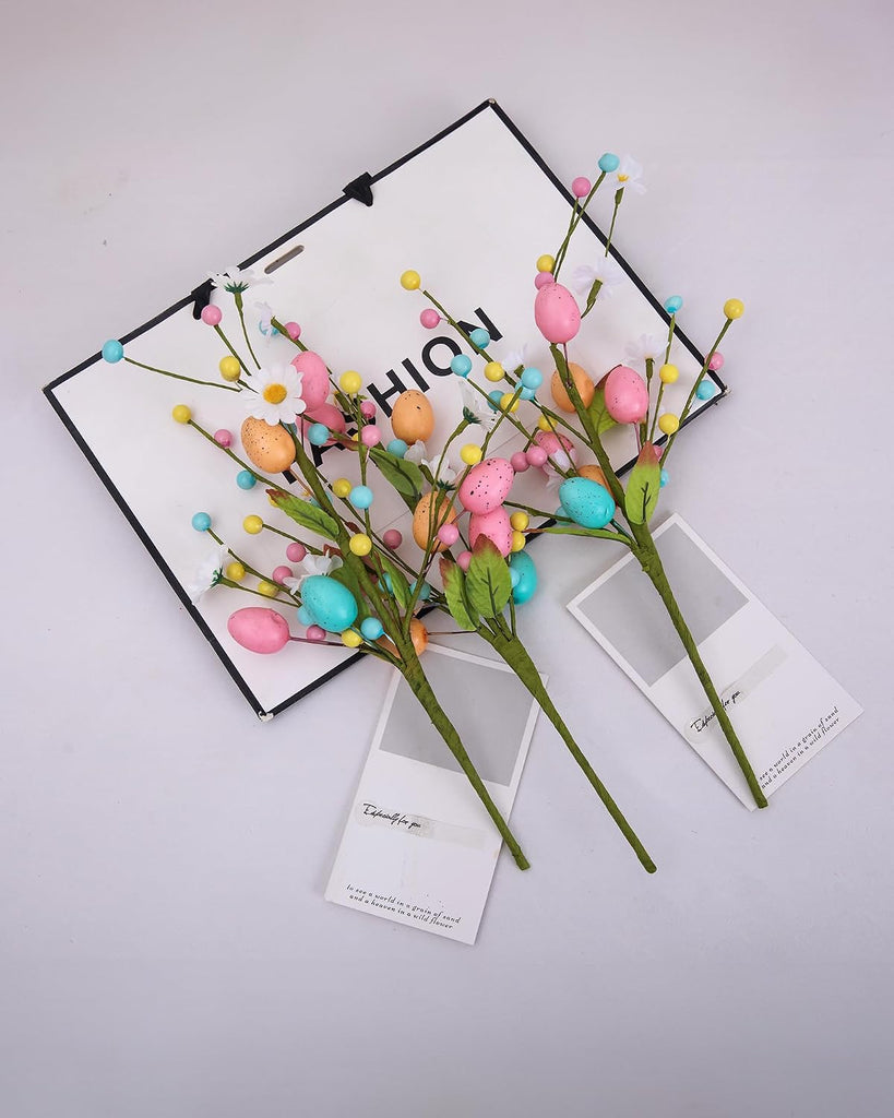 Artificial Easter Floral Stems Easter Egg & Berry Spray Stems, Pastel Spring Flower Twig Branches - Set of 3