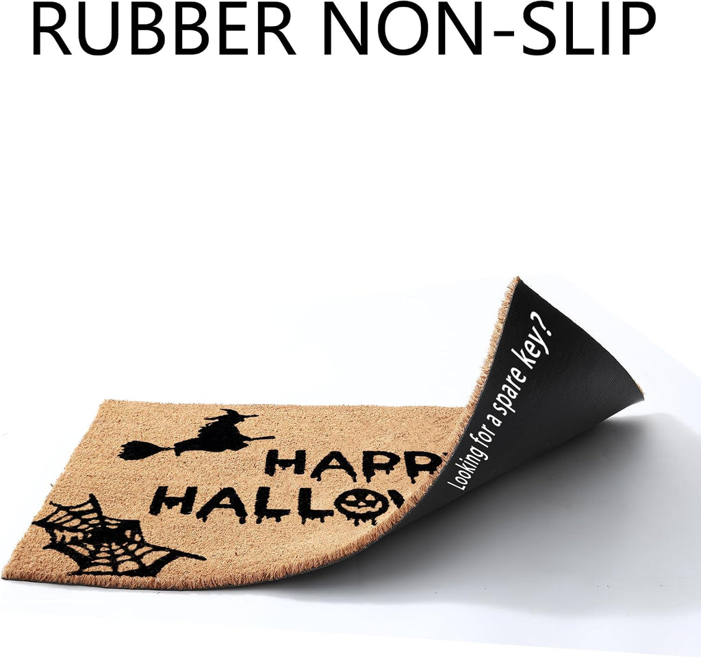 Halloween Decor Doormat Combo Set, 100 Percent Coco Coir Welcome Mat + 28X43 Inches Black and White Plaid Rug