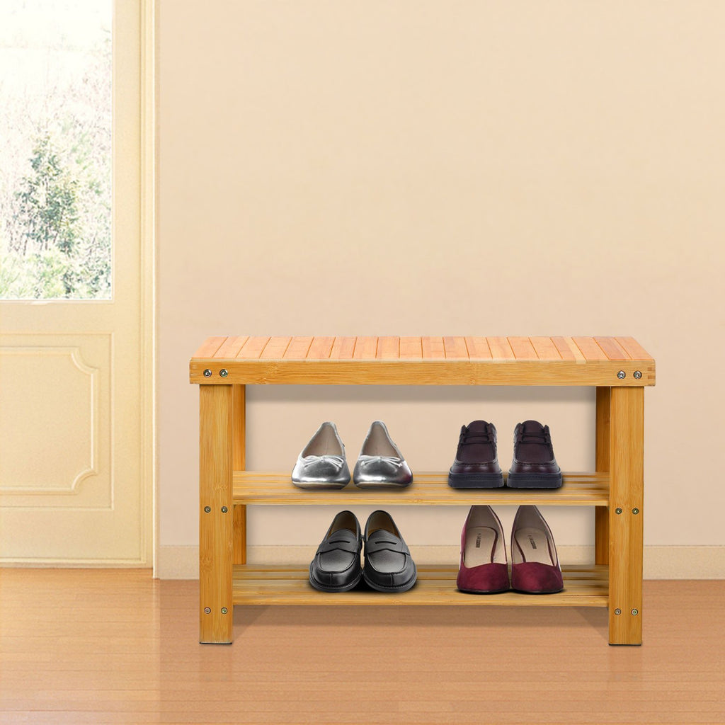 Shoe Bench with 100% Natural Bamboo, 2-Tier Seat Storage Racks Holder Shelf Organizer Entryway Hallway Furniture