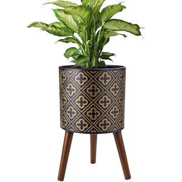 10 Inch Plant Pot with Stand, Planter for Indoor Plants, Modern Large Flower Planter Pot with Drainage Holes for