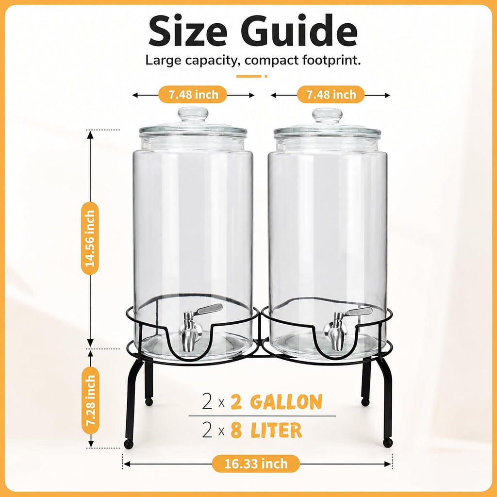 Gallon Beverage Dispenser 2 Pack, Stainless Steel Spigot Drink Dispenser for Parties with Stand, Clear Glass Drink - Set of 2