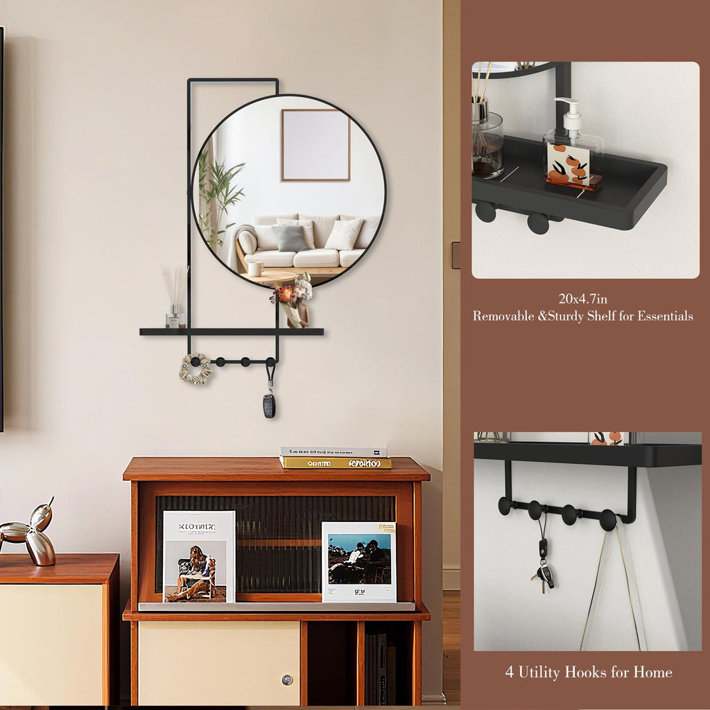 21" Round Black Metal Wall Mirror with Shelf and Hooks, Decorative