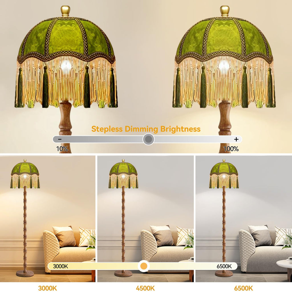 Vintage Floor Lamp, Fringe Standing Lamp with Remote Dimmable, Green Mid Century Gold Tall Lamp Boho Retro Wood Tassel