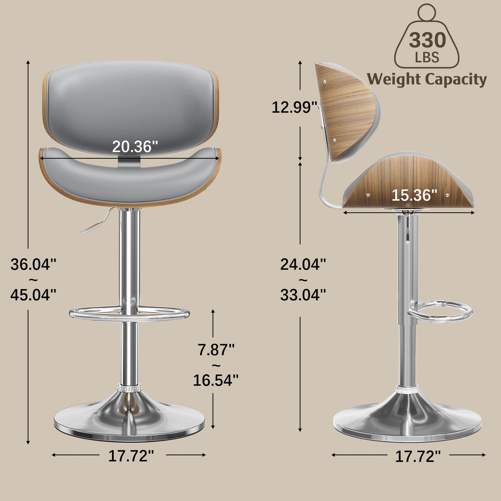 Swivel Adjustable Bar Stool with Bentwood Backrest, Grey