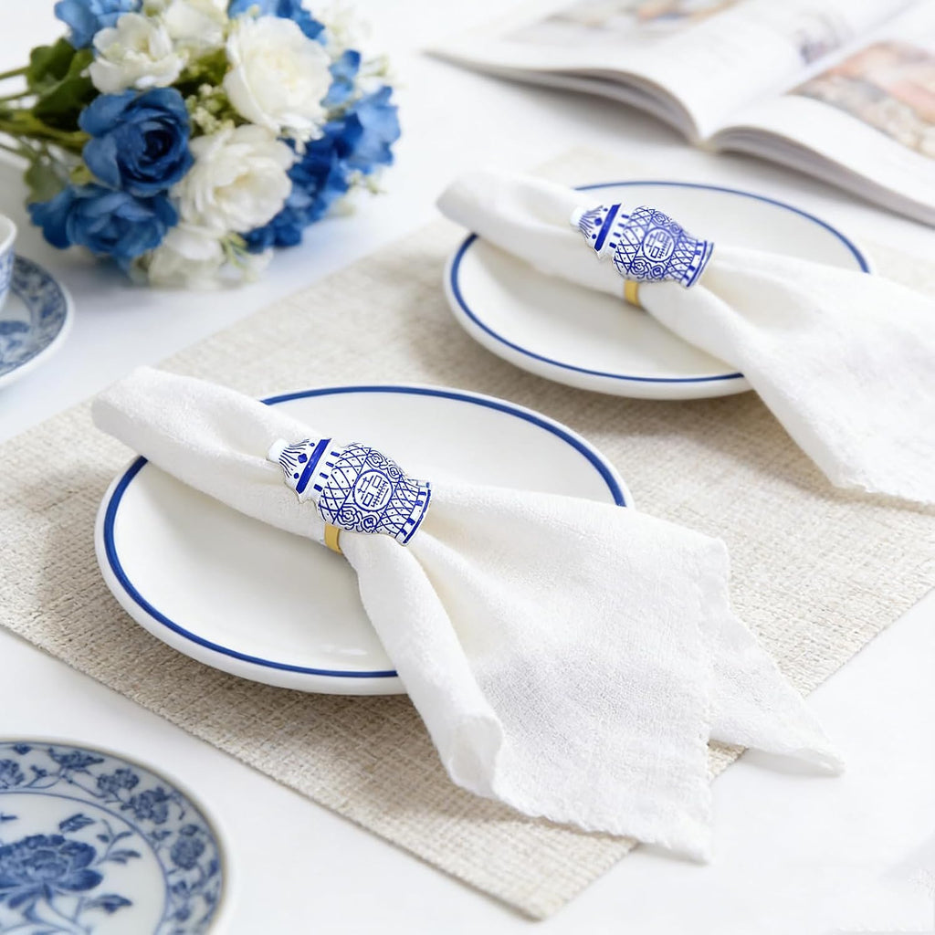 Blue White Porcelain Napkin Rings Vintage Chinoiserie Napkin Ring for Asian Christmas New Year Party - Set of 6