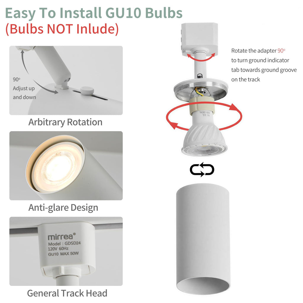 H Type Track Lighting Head to GU10 Base Adapter Light Direction Adjustable Pack of 3 (White)