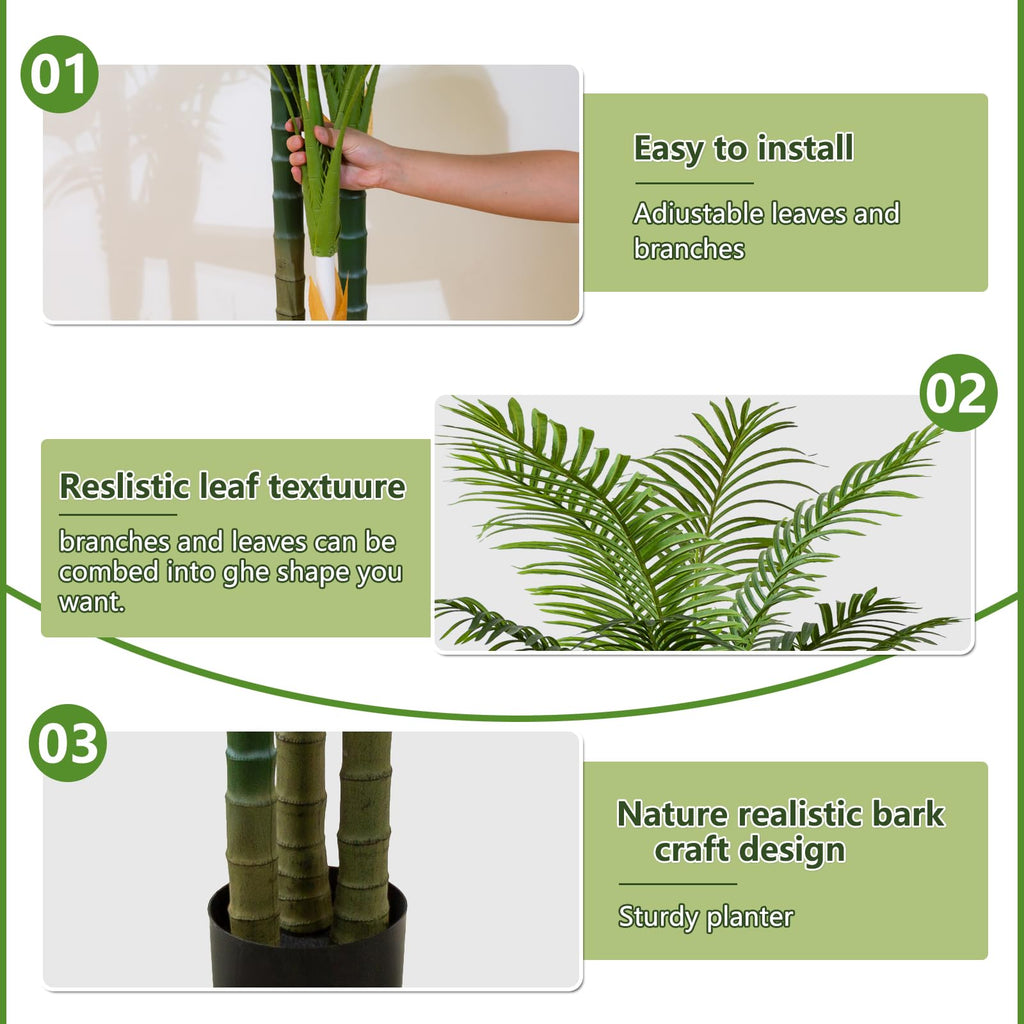 6FT Tall Golden Cane Artificial Palm Tree, Large Faux Palm Tree with 3 Textured Trunks, Outdoor Artificial Plants