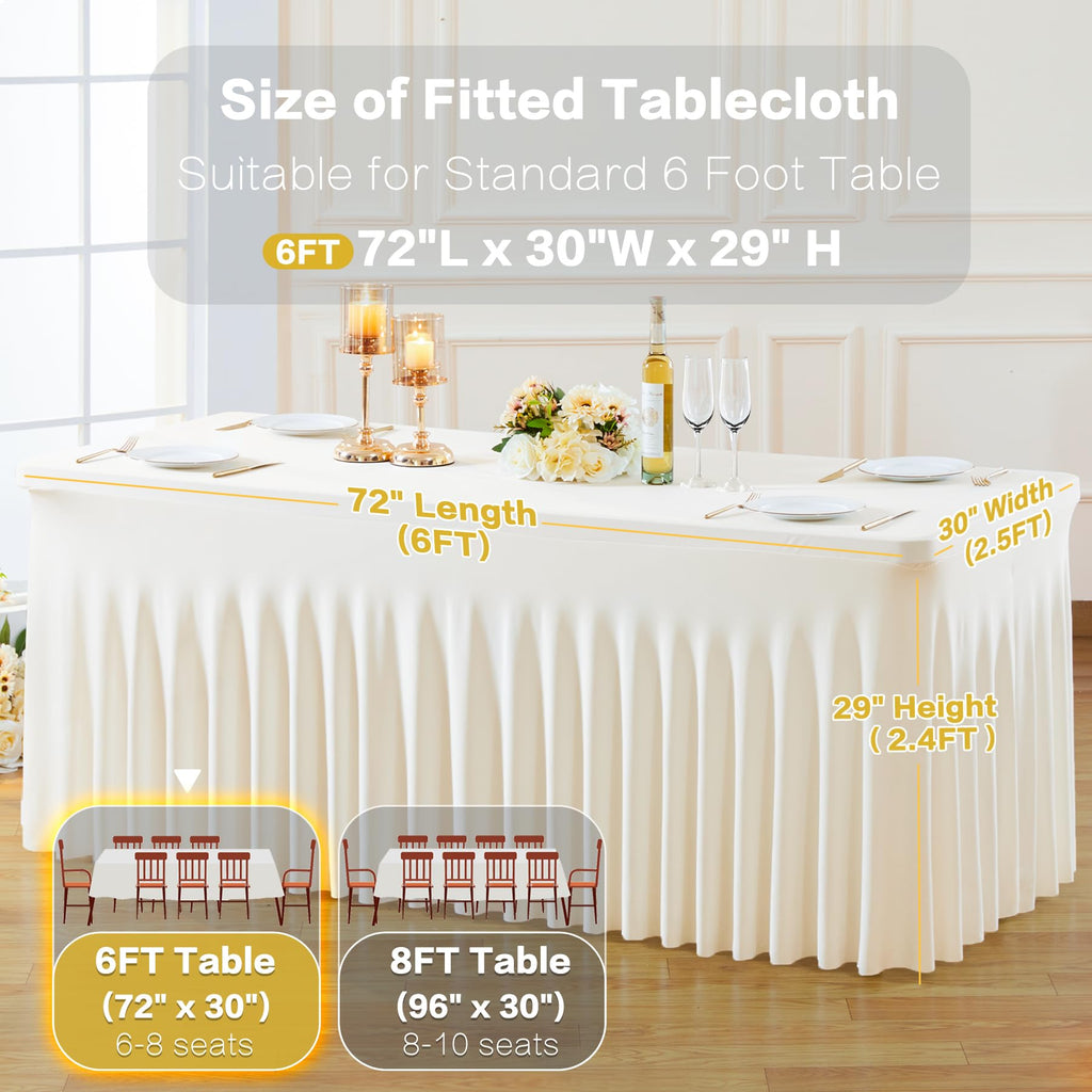 2 Pack Spandex Ivory Fitted Table Cloth for 6ft Rectangle Tables Ivory Stretch Tablecloth Banquet Table Covers Skirt