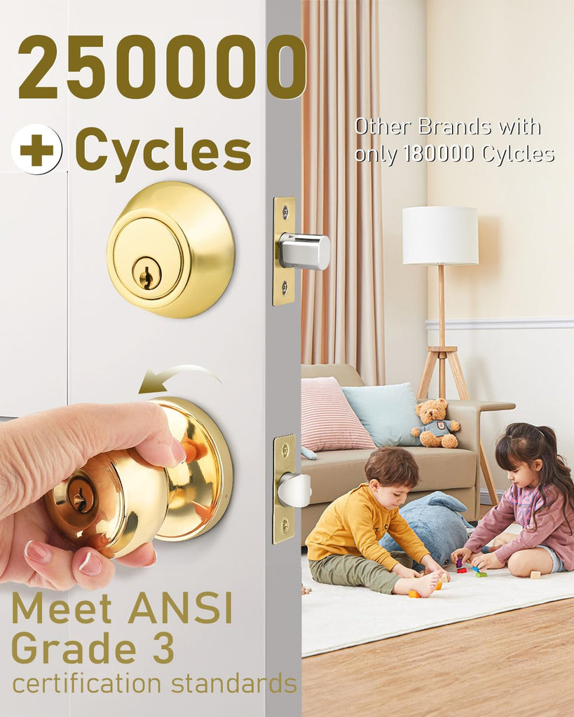 1 Pack Keyed Alike Front Door Knob and Deadbolt Set, Entry Door Locksets with Single Cylinder Deadbolt, Polished