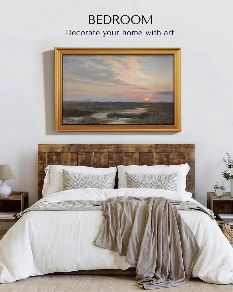Large Gold Framed Wall Art, Vintage Landscape Paint, Sunset