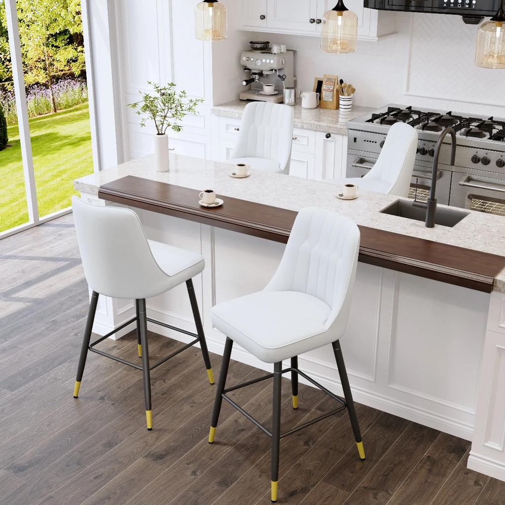 Bar Stools Set of 4, Counter Height Bar Stools with Back, Modern Faux Leather Kitchen Stools, 27"White Bar Stool with