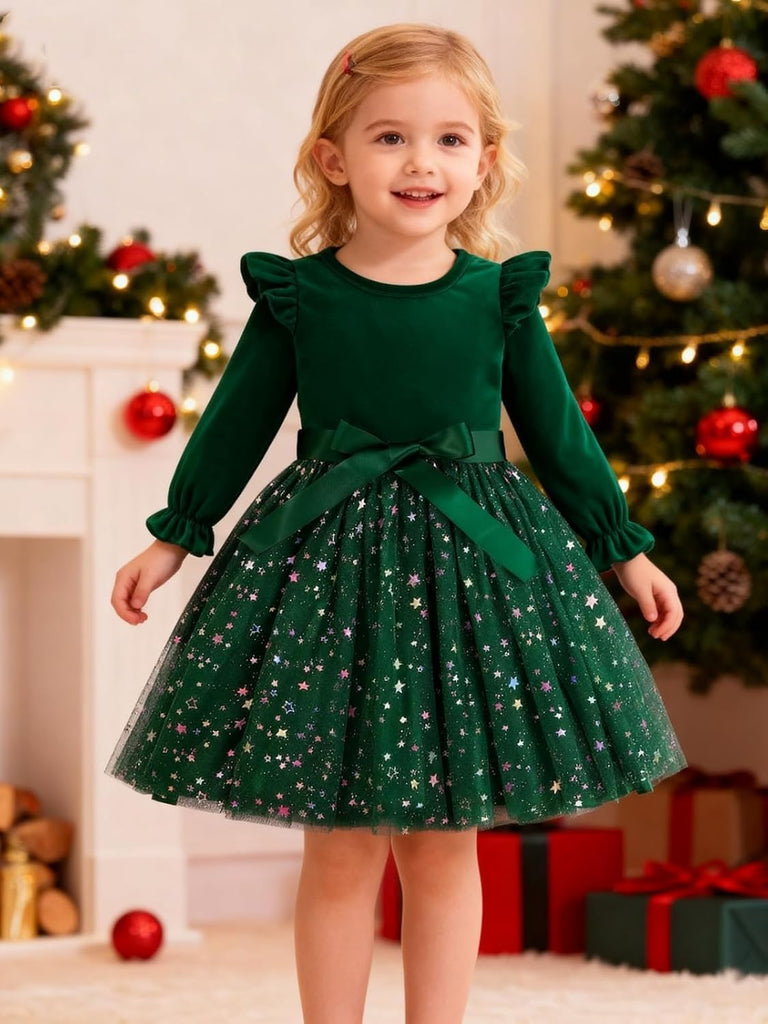 Toddler Girls Tutu Dresses Velvet Tulle Dress with Sequin Long Sleeve Holiday Party Fall Winter Dress