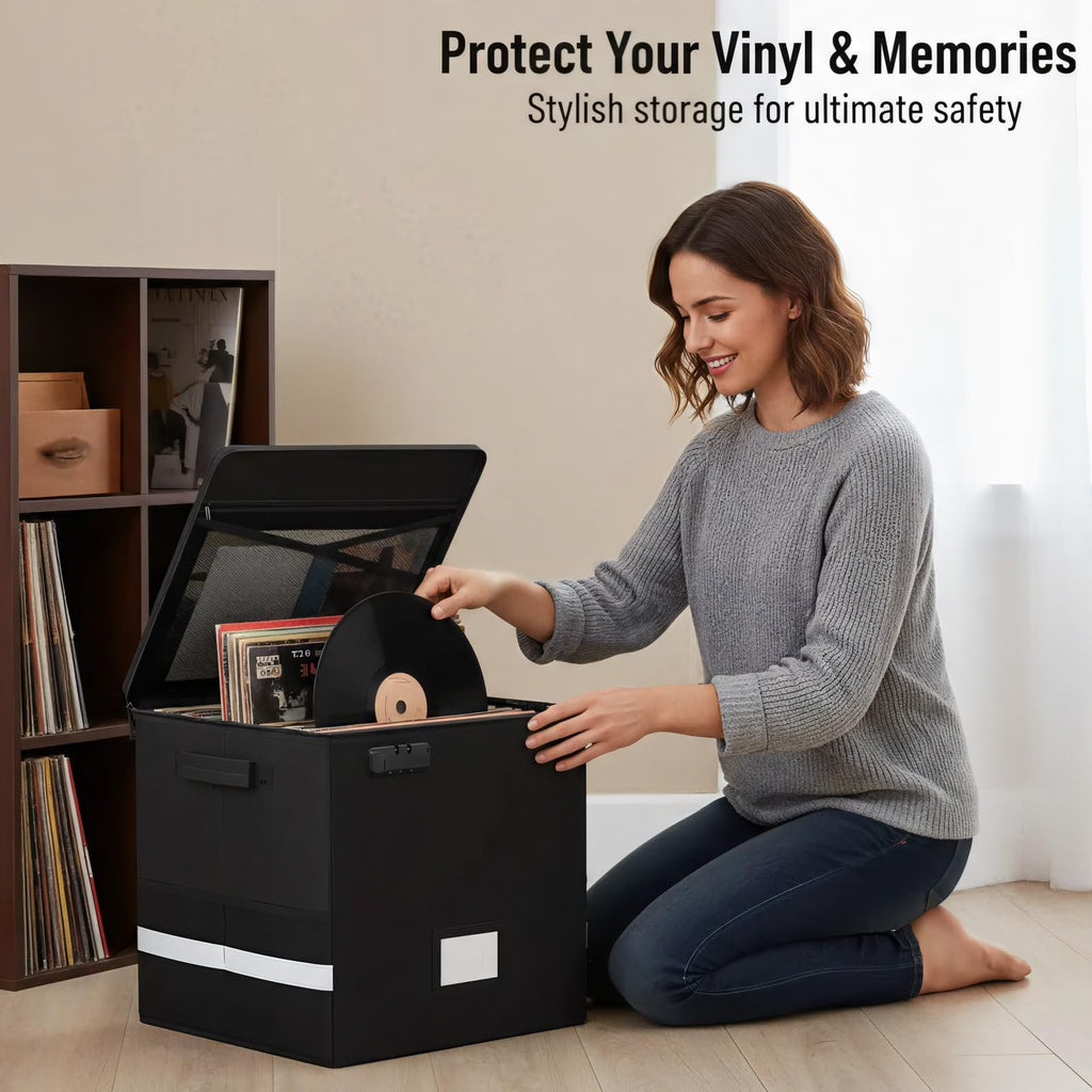 Vinyl Record Storage Box with Lock, 2-Pack Fireproof & Waterproof