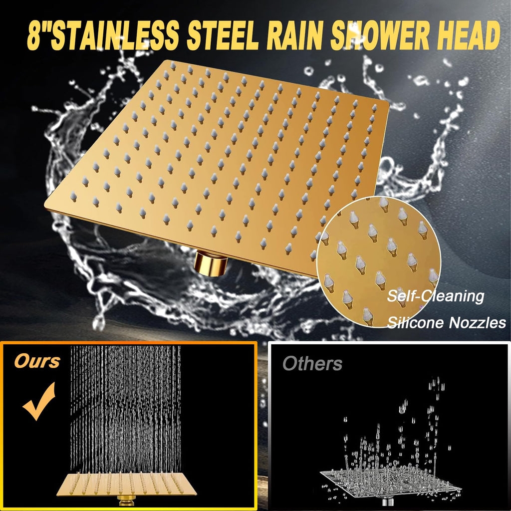 8"High Pressure Square Rain Shower Head and 2-in-1 Hand Shower.Equipped with 78"Hose, 3 Way Diverter Valve, Adhesive