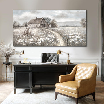 Neutral Greige Highland Cow Canvas Wall Art, Rustic Country Cottage Landscape with Meadow Flowers, Large Horizontal