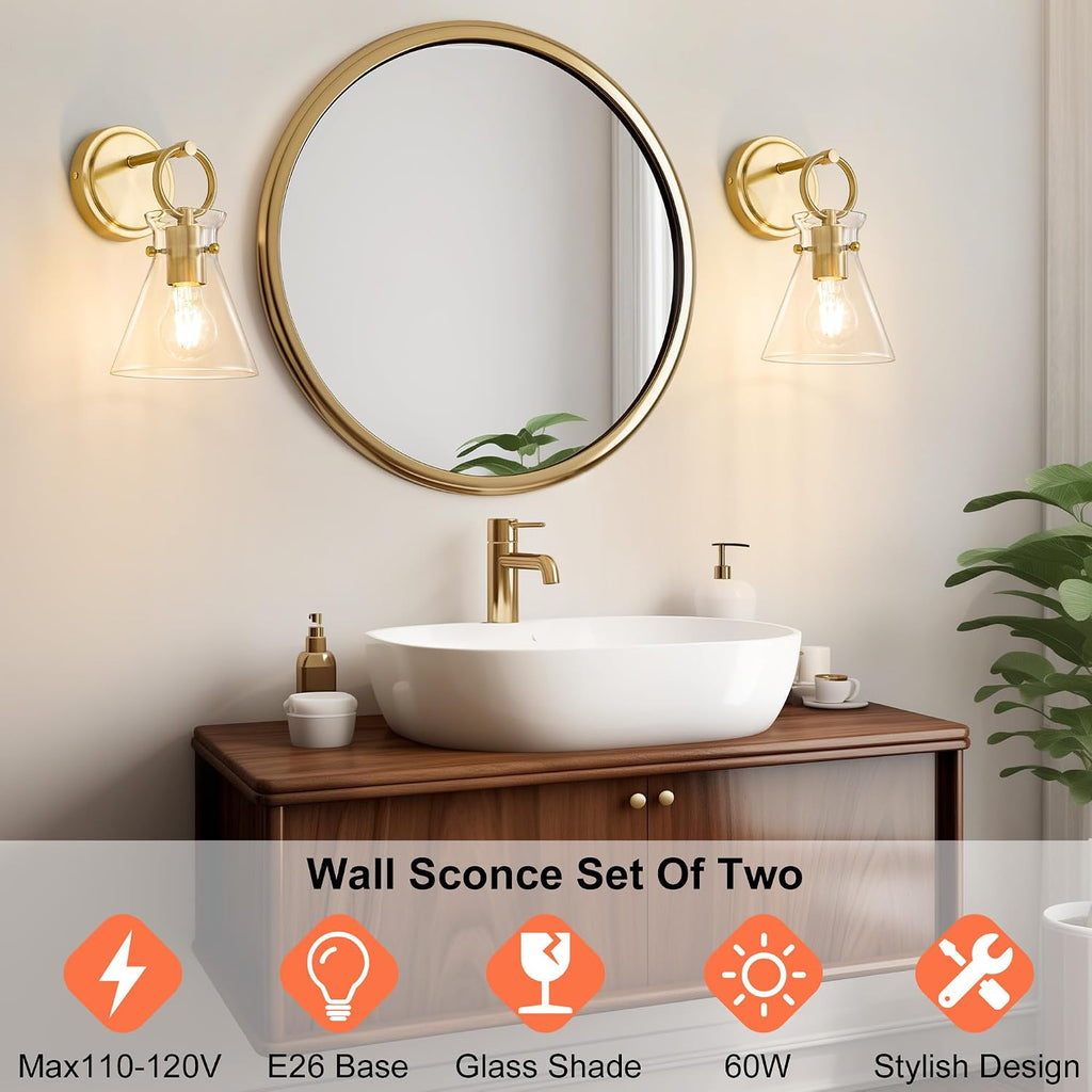 Gold Wall Sconces Set of 2 Modern Vanity Light Fixtures for Bathroom Wall Mount Lighting Lamp Hardwired Farmhouse